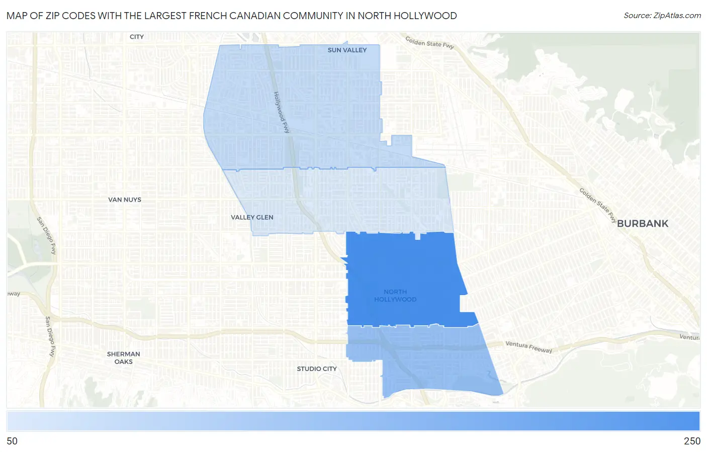 Zip Codes with the Largest French Canadian Community in North Hollywood Map