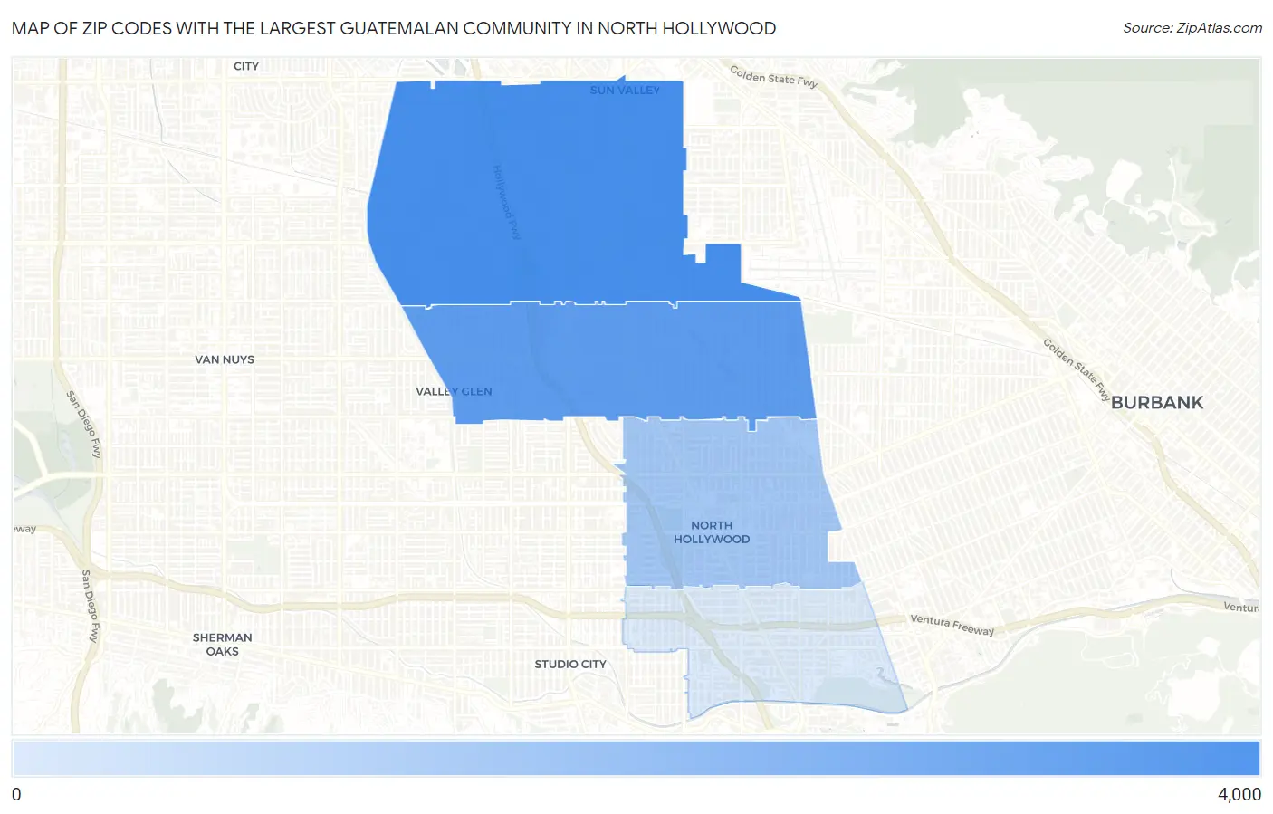 Zip Codes with the Largest Guatemalan Community in North Hollywood Map