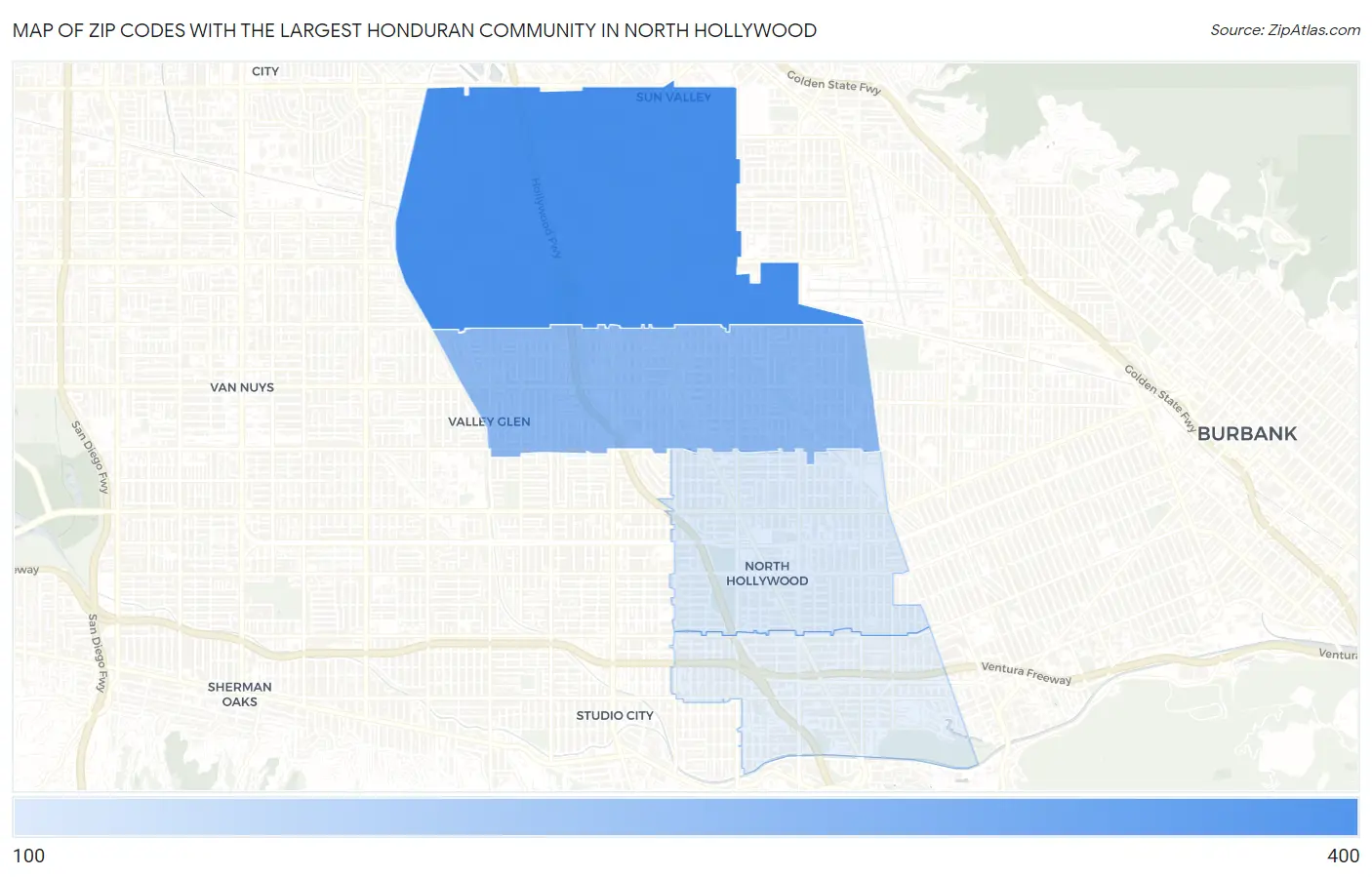 Zip Codes with the Largest Honduran Community in North Hollywood Map
