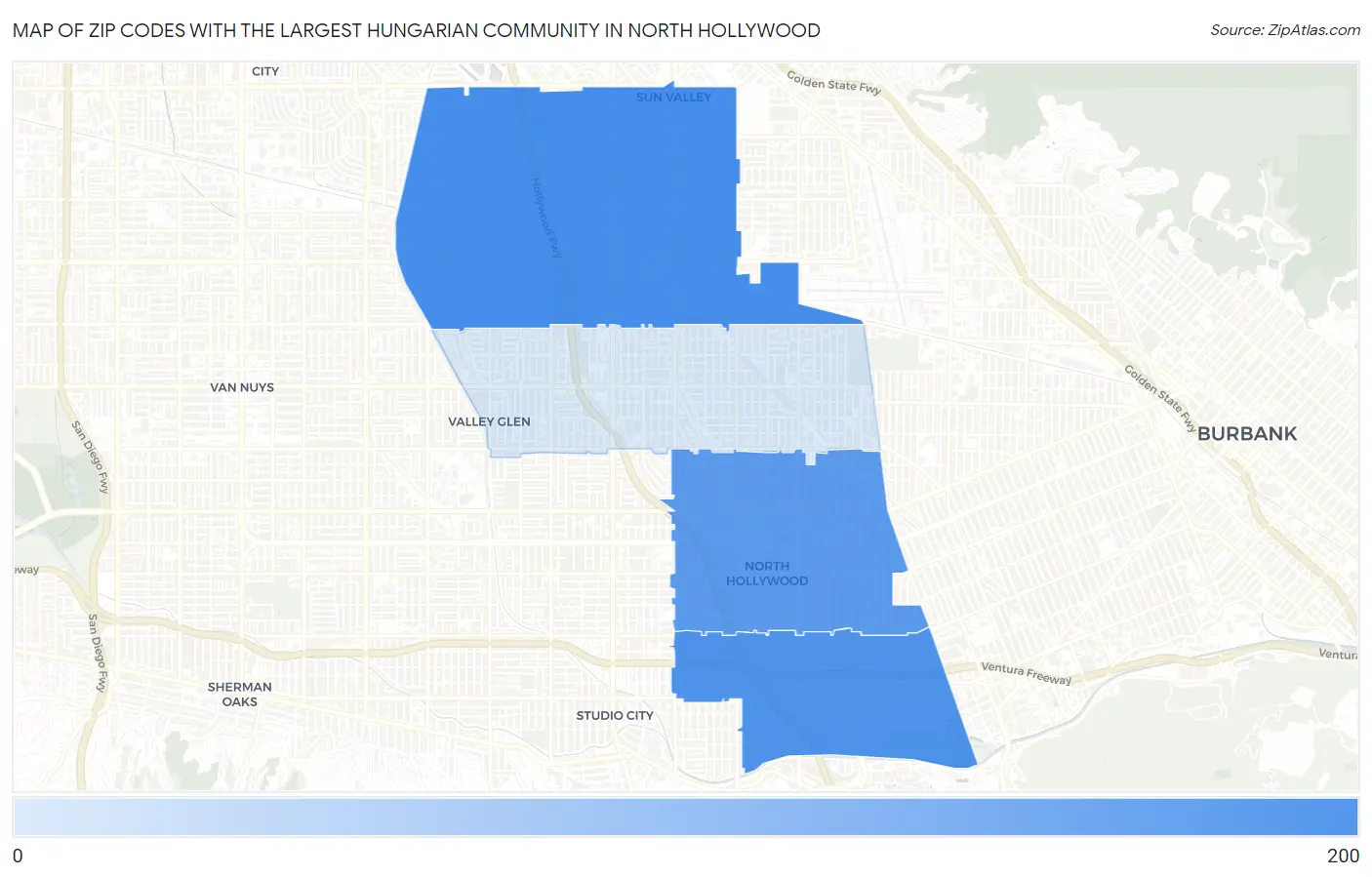 Zip Codes with the Largest Hungarian Community in North Hollywood Map