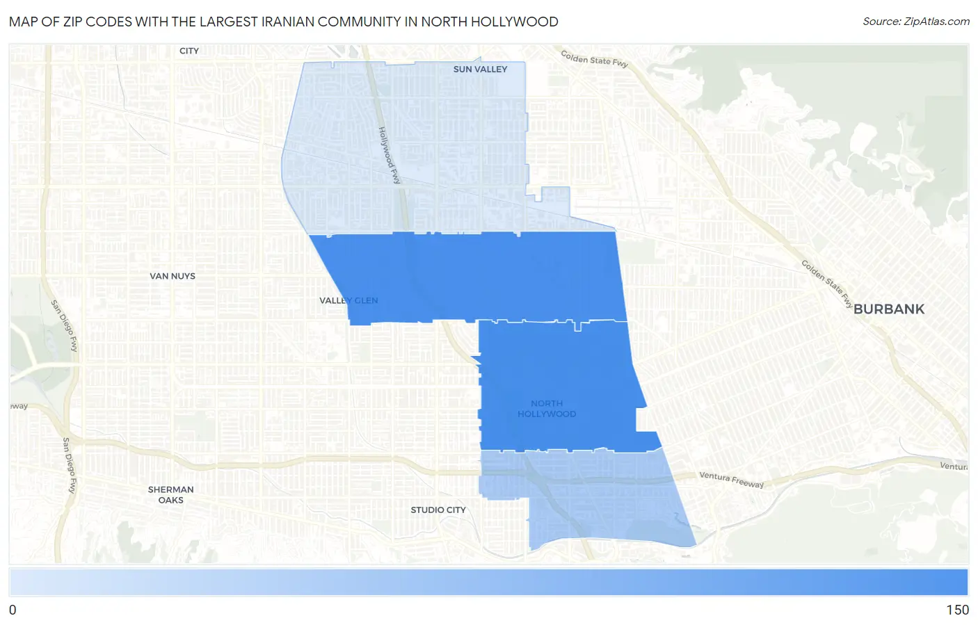 Zip Codes with the Largest Iranian Community in North Hollywood Map