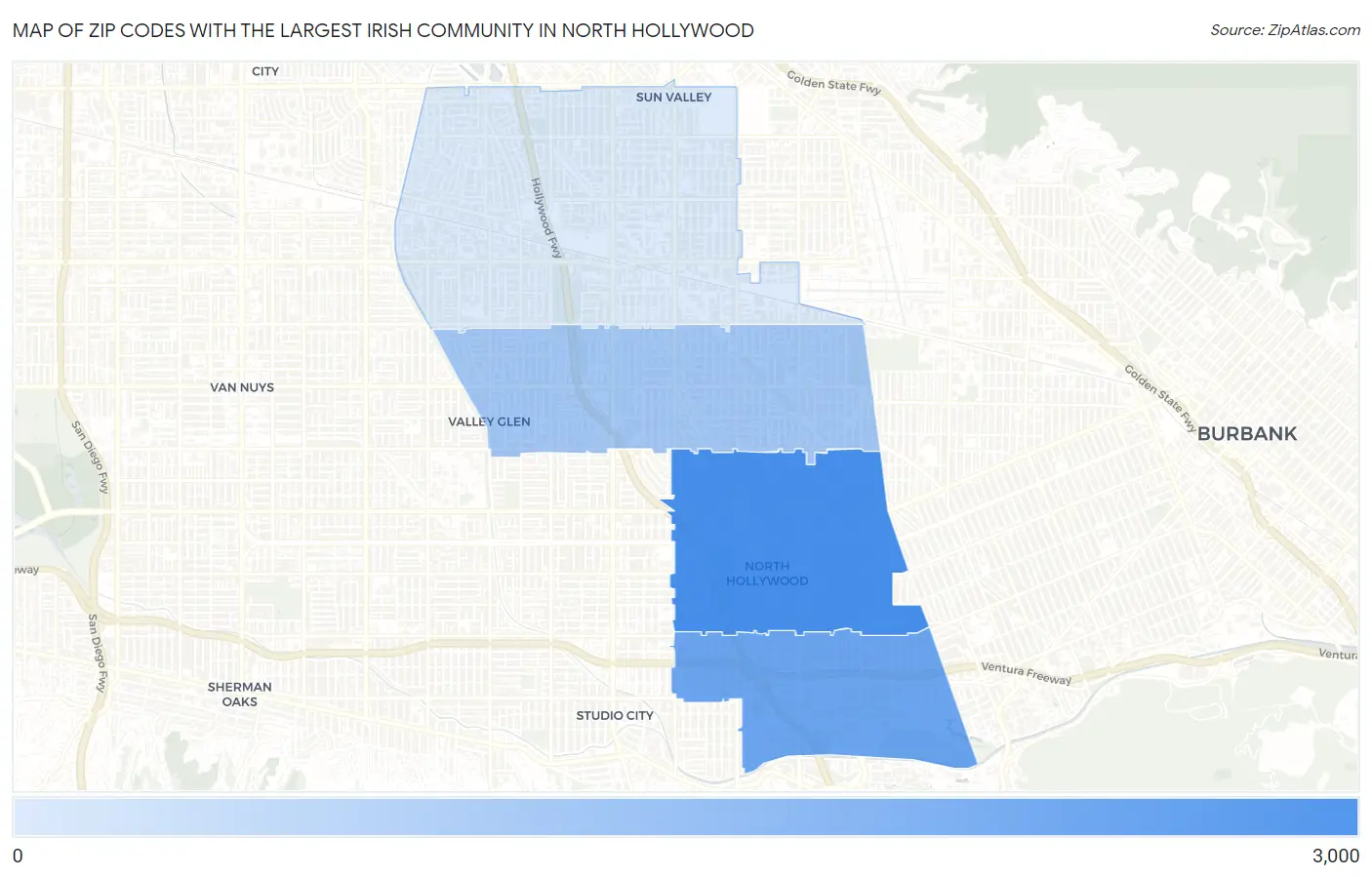 Zip Codes with the Largest Irish Community in North Hollywood Map