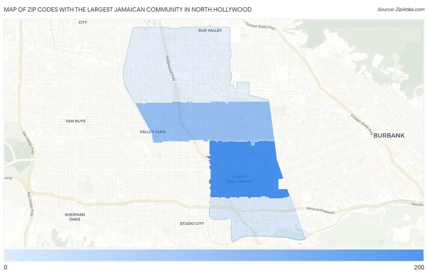 Zip Codes with the Largest Jamaican Community in North Hollywood Map