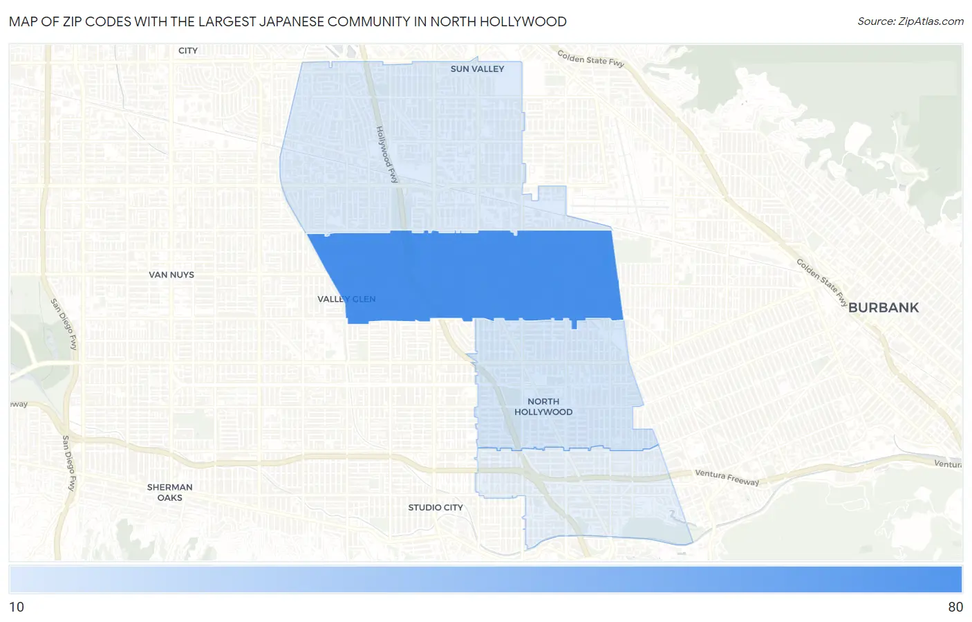 Zip Codes with the Largest Japanese Community in North Hollywood Map