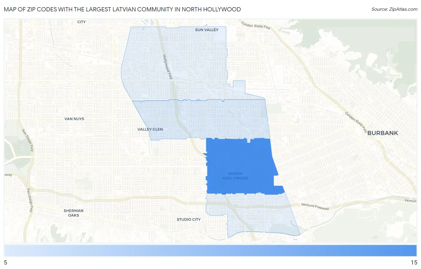 Zip Codes with the Largest Latvian Community in North Hollywood Map