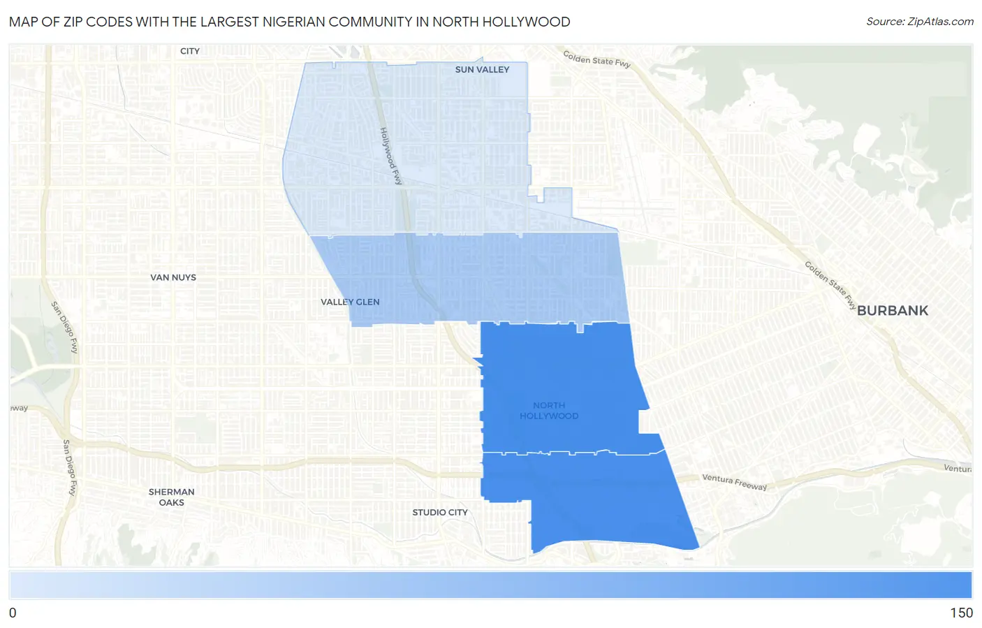 Zip Codes with the Largest Nigerian Community in North Hollywood Map