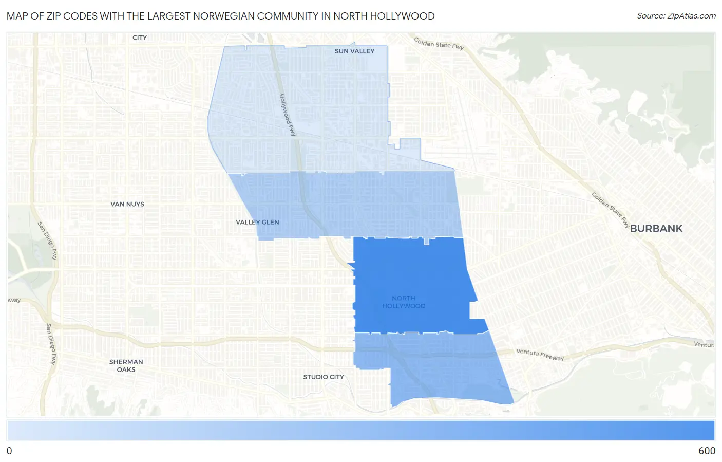 Zip Codes with the Largest Norwegian Community in North Hollywood Map