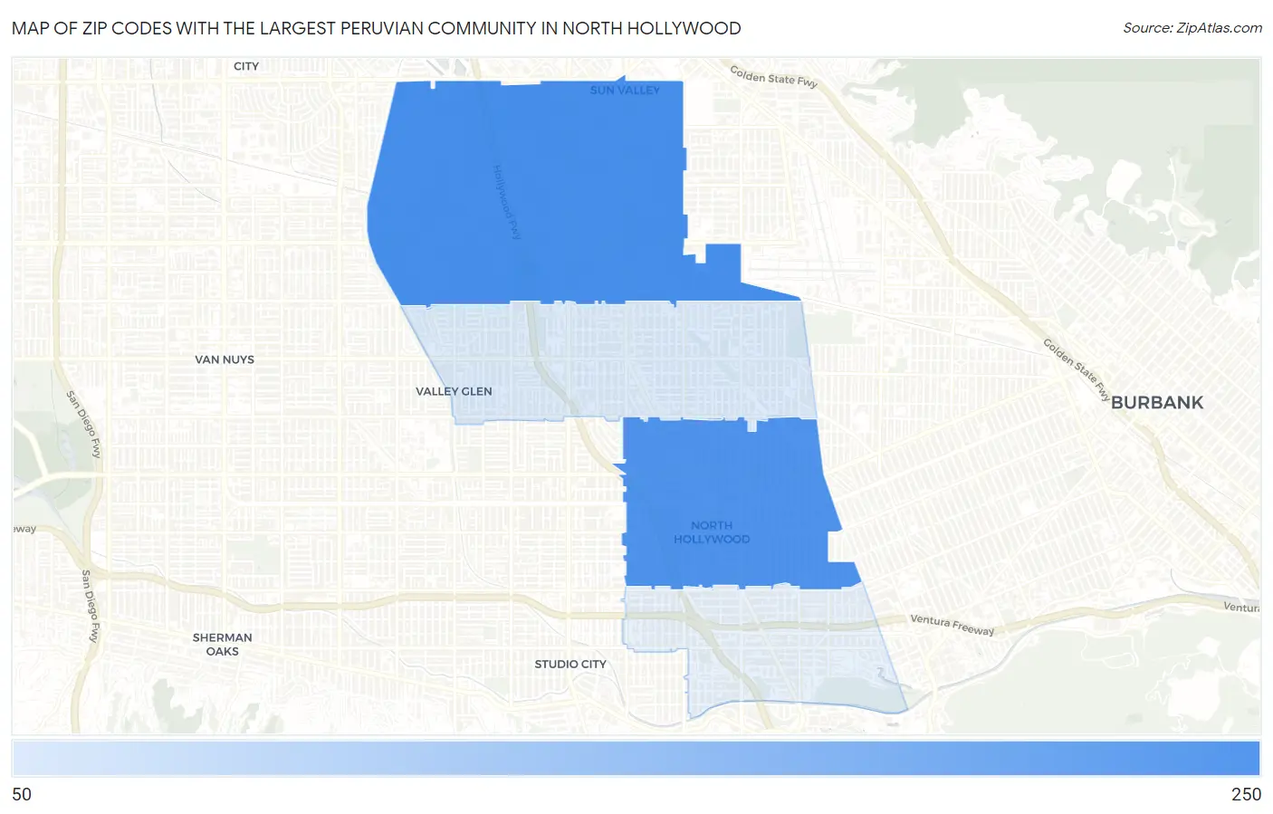 Zip Codes with the Largest Peruvian Community in North Hollywood Map