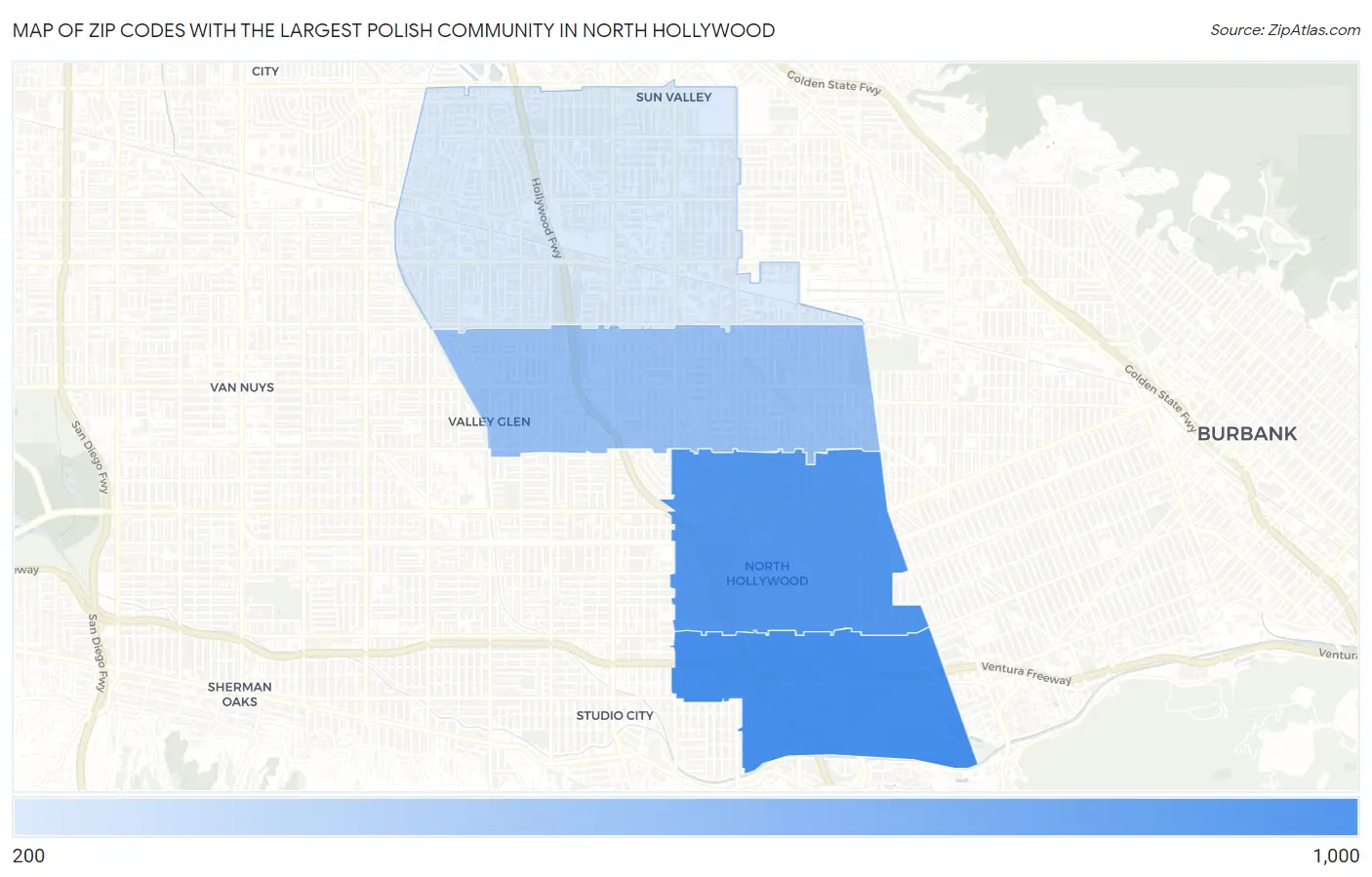 Zip Codes with the Largest Polish Community in North Hollywood Map