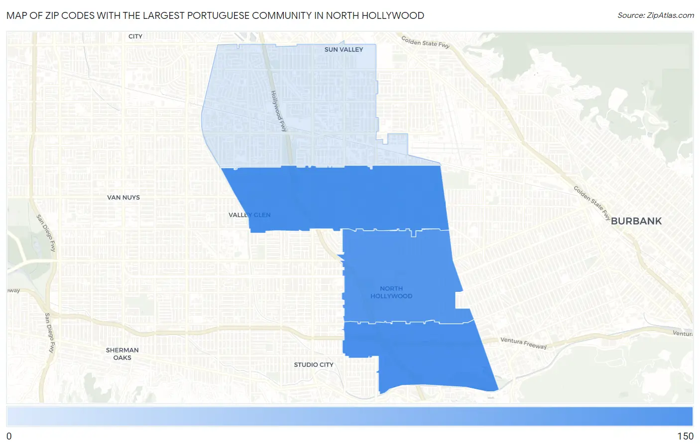 Zip Codes with the Largest Portuguese Community in North Hollywood Map