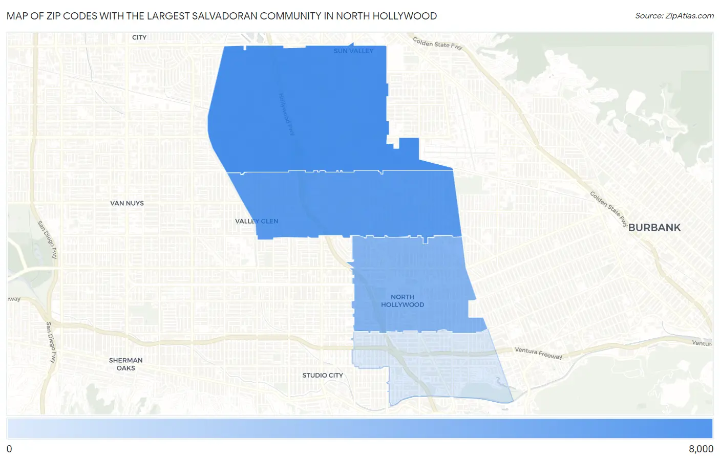 Zip Codes with the Largest Salvadoran Community in North Hollywood Map