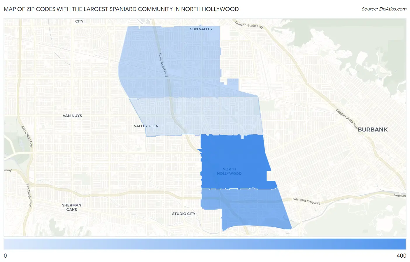 Zip Codes with the Largest Spaniard Community in North Hollywood Map