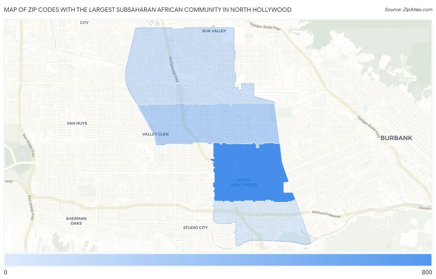 Zip Codes with the Largest Subsaharan African Community in North Hollywood Map