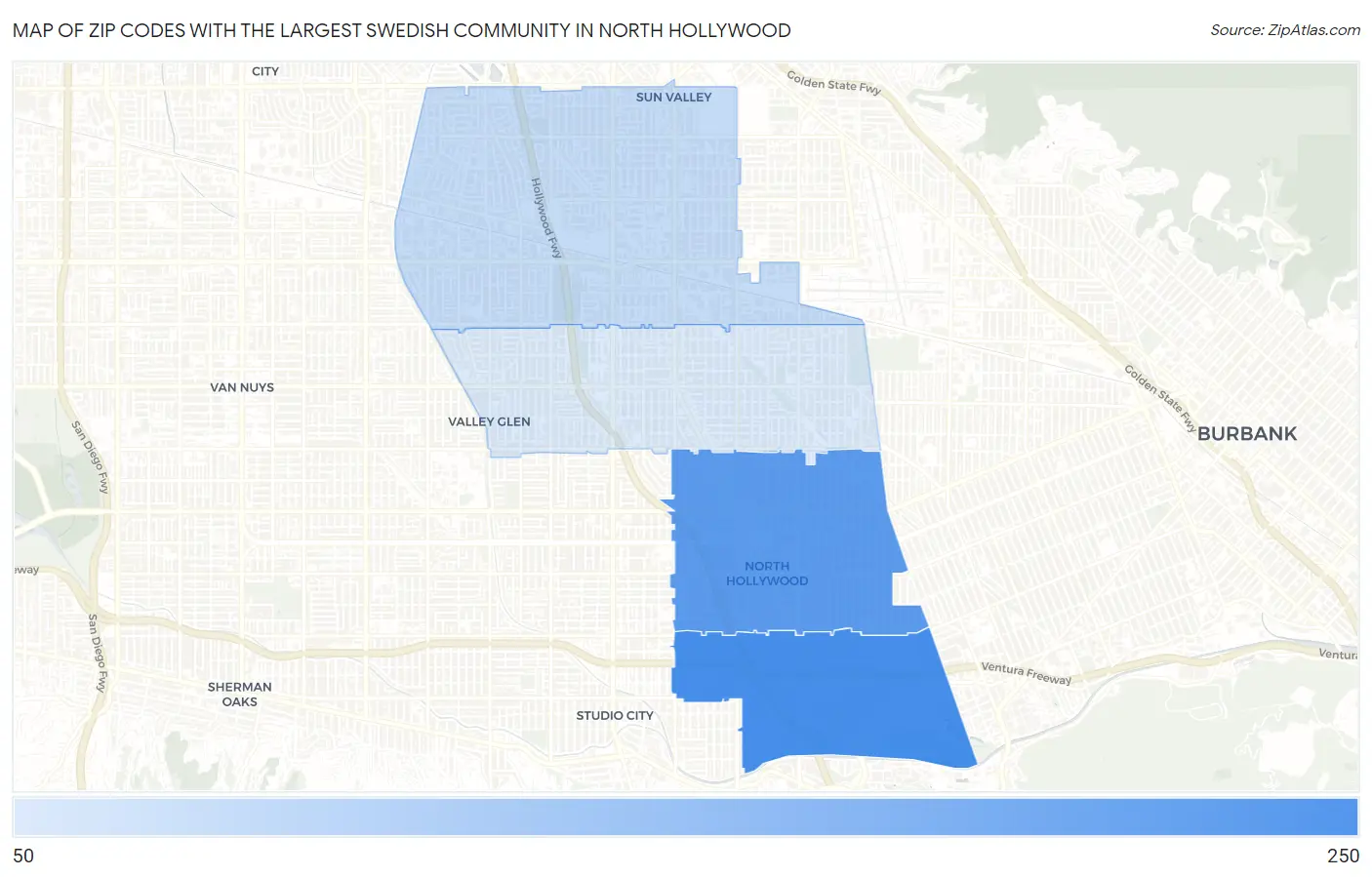 Zip Codes with the Largest Swedish Community in North Hollywood Map