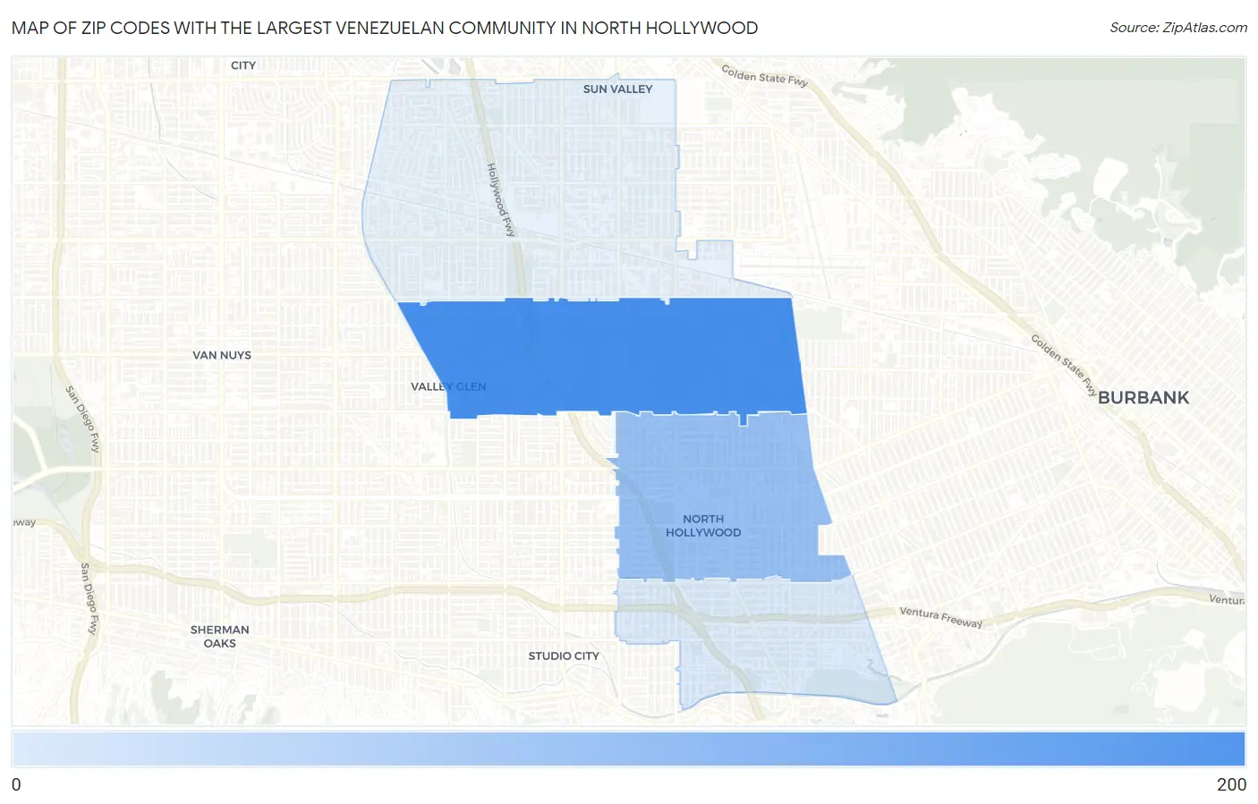 Zip Codes with the Largest Venezuelan Community in North Hollywood Map