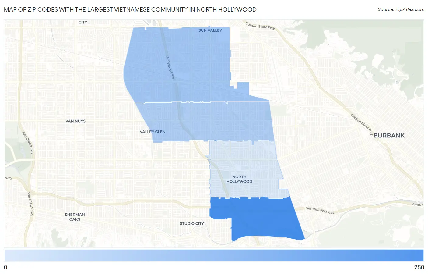 Zip Codes with the Largest Vietnamese Community in North Hollywood Map