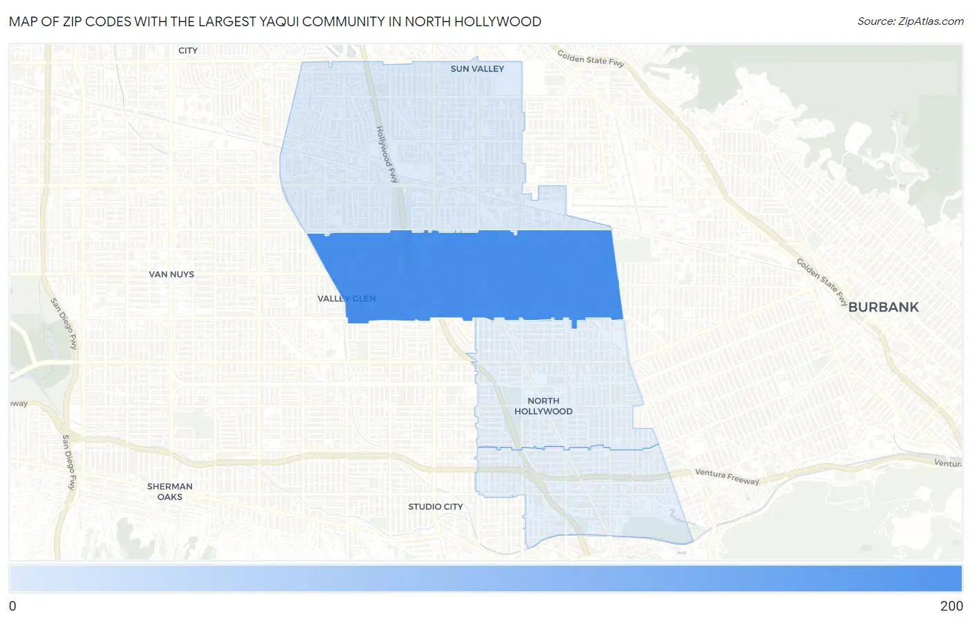 Zip Codes with the Largest Yaqui Community in North Hollywood Map