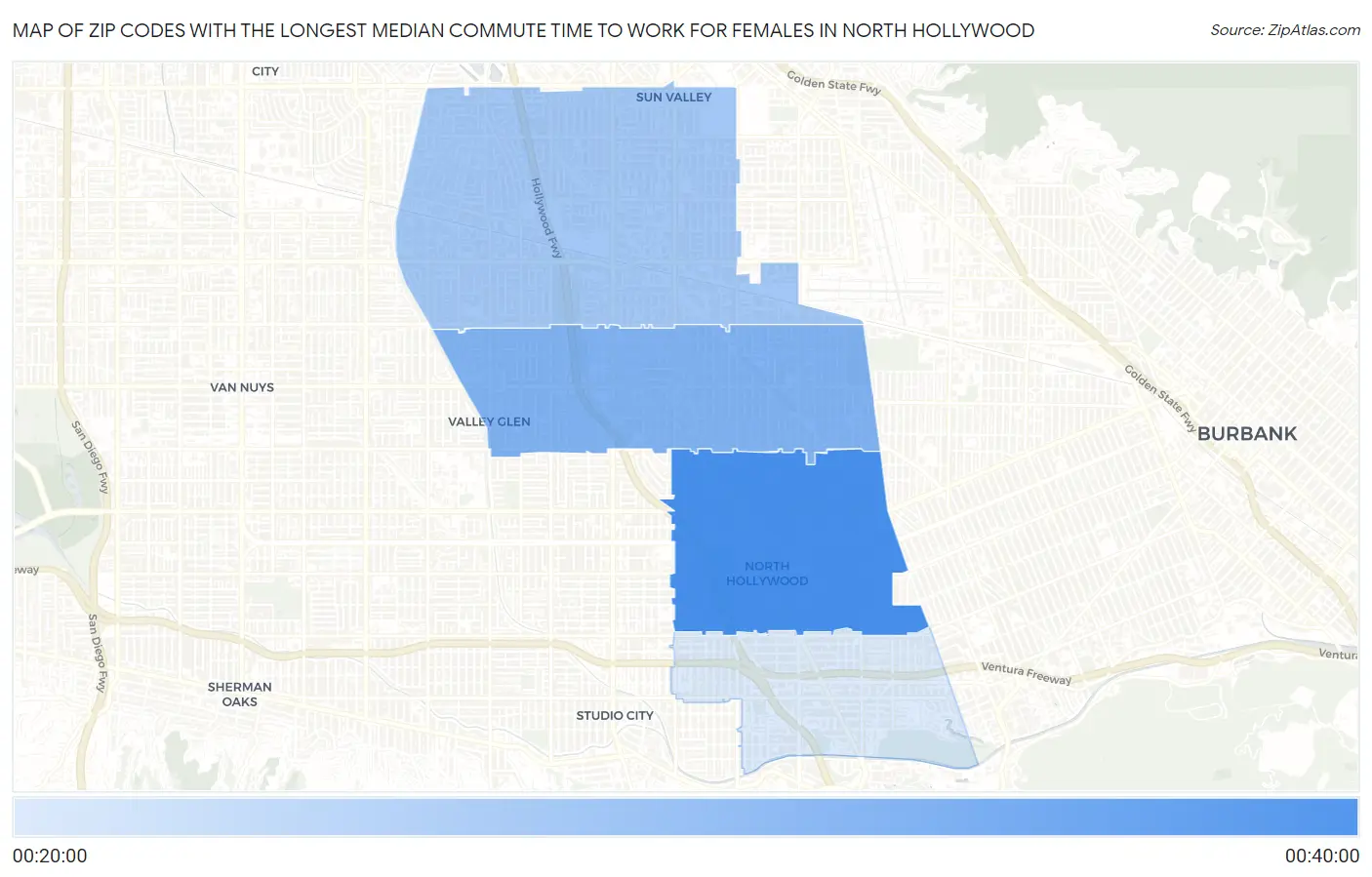 Zip Codes with the Longest Median Commute Time to Work for Females in North Hollywood Map
