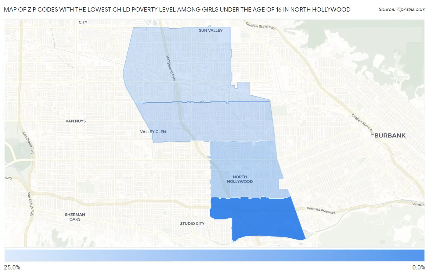 Zip Codes with the Lowest Child Poverty Level Among Girls Under the Age of 16 in North Hollywood Map
