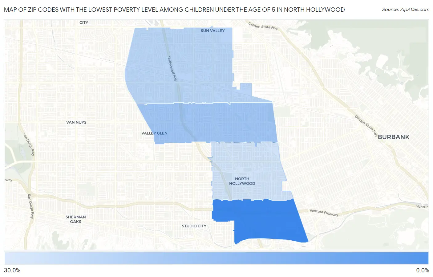 Zip Codes with the Lowest Poverty Level Among Children Under the Age of 5 in North Hollywood Map