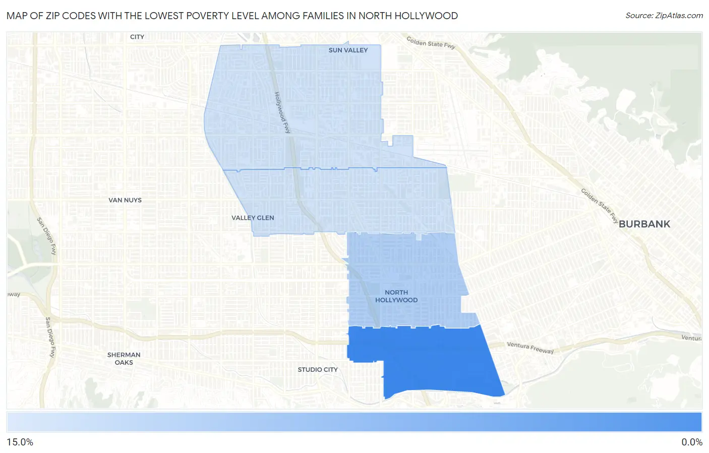 Zip Codes with the Lowest Poverty Level Among Families in North Hollywood Map
