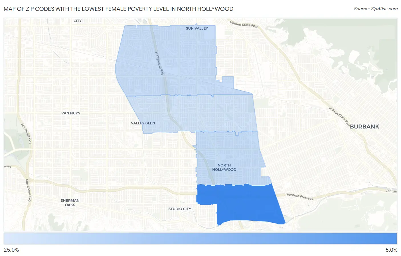 Zip Codes with the Lowest Female Poverty Level in North Hollywood Map