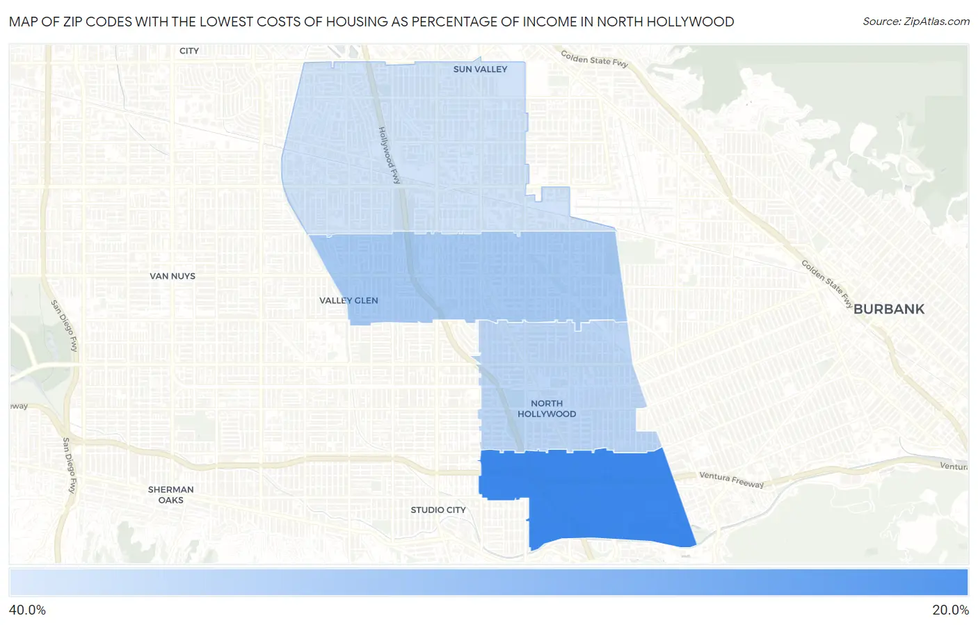 Zip Codes with the Lowest Costs of Housing as Percentage of Income in North Hollywood Map