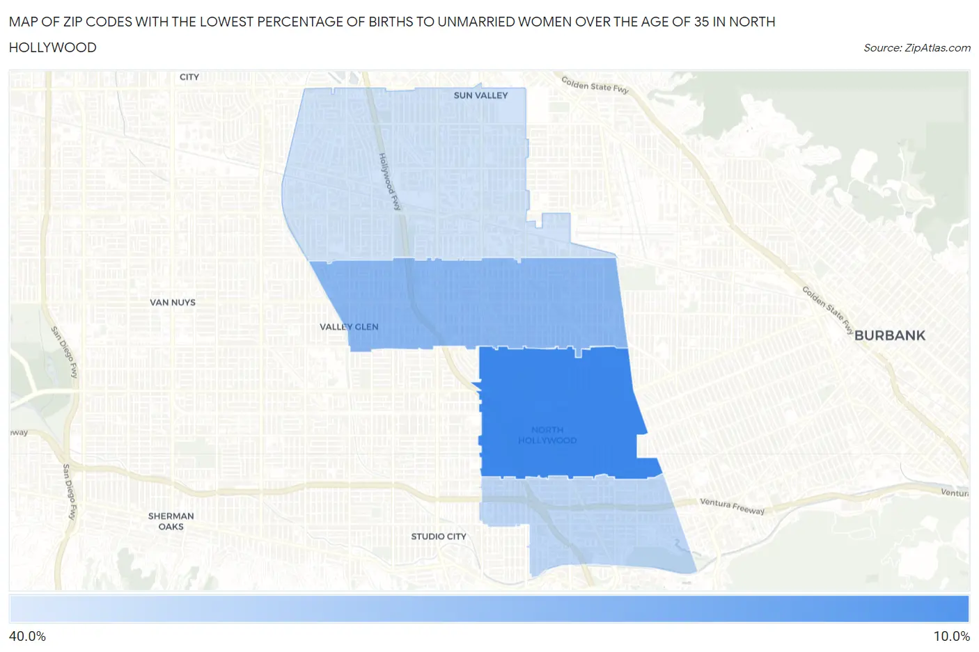 Zip Codes with the Lowest Percentage of Births to Unmarried Women over the Age of 35 in North Hollywood Map