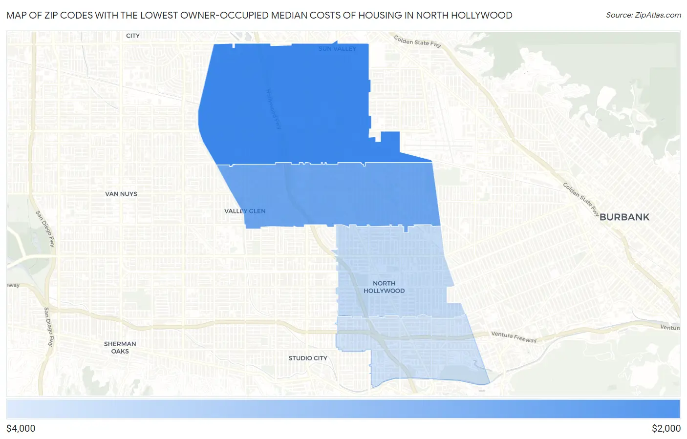 Zip Codes with the Lowest Owner-Occupied Median Costs of Housing in North Hollywood Map