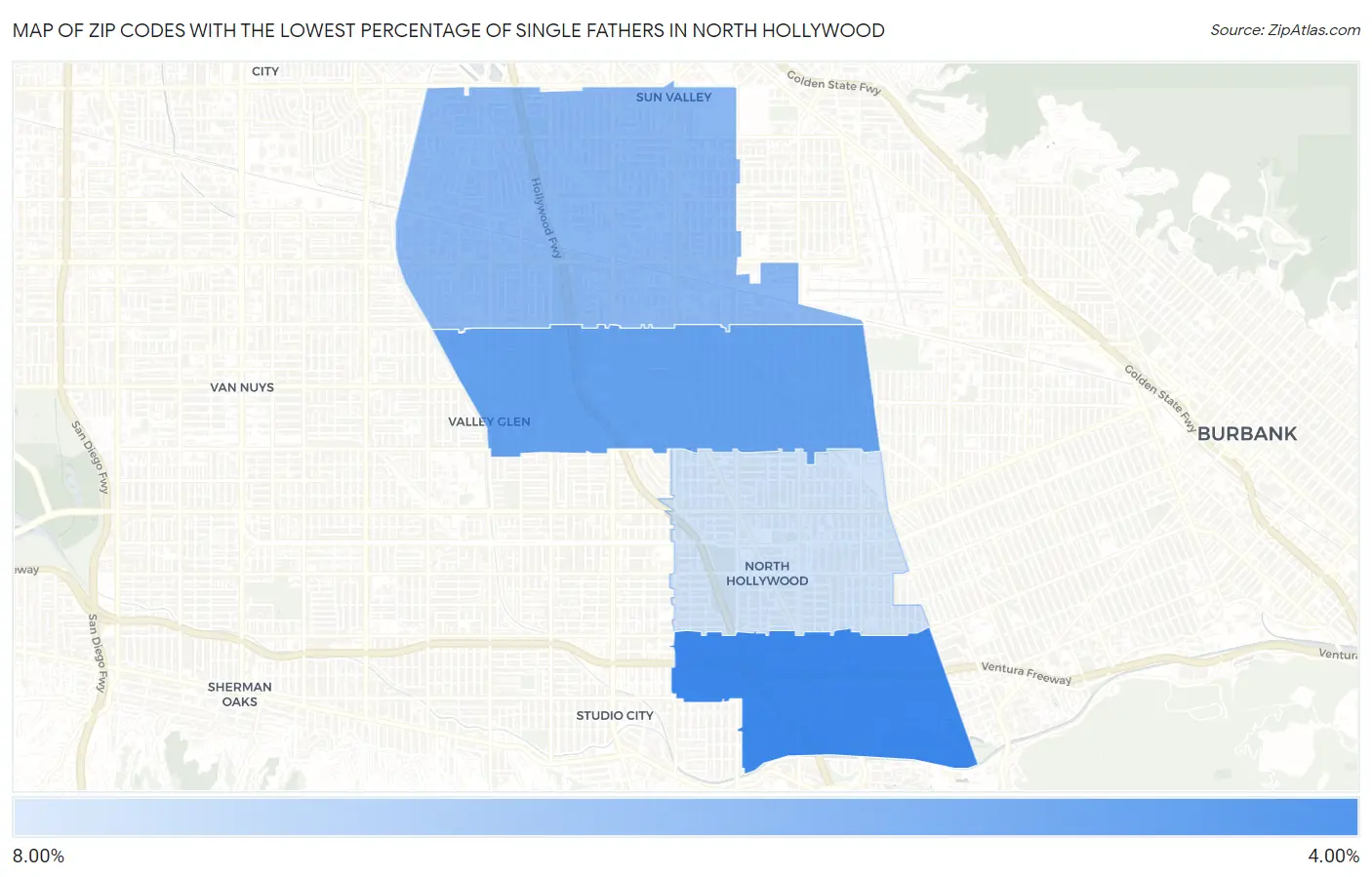 Zip Codes with the Lowest Percentage of Single Fathers in North Hollywood Map