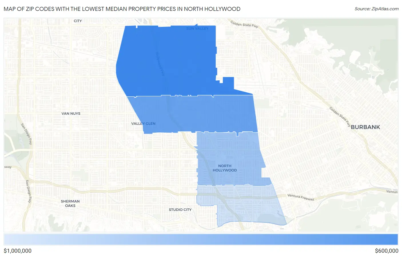 Zip Codes with the Lowest Median Property Prices in North Hollywood Map