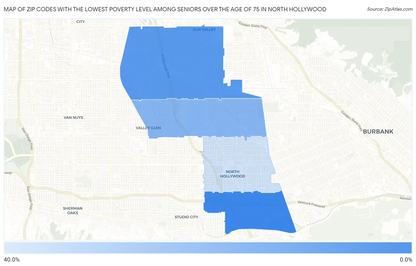 Zip Codes with the Lowest Poverty Level Among Seniors Over the Age of 75 in North Hollywood Map
