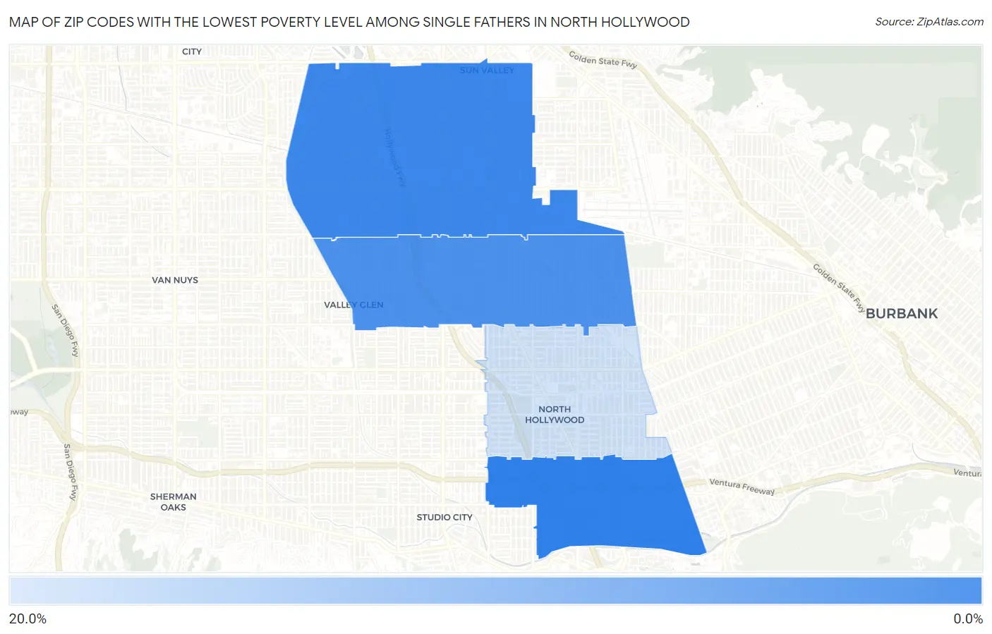 Zip Codes with the Lowest Poverty Level Among Single Fathers in North Hollywood Map