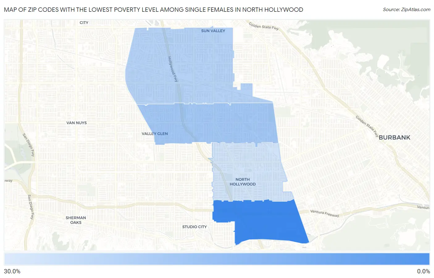 Zip Codes with the Lowest Poverty Level Among Single Females in North Hollywood Map
