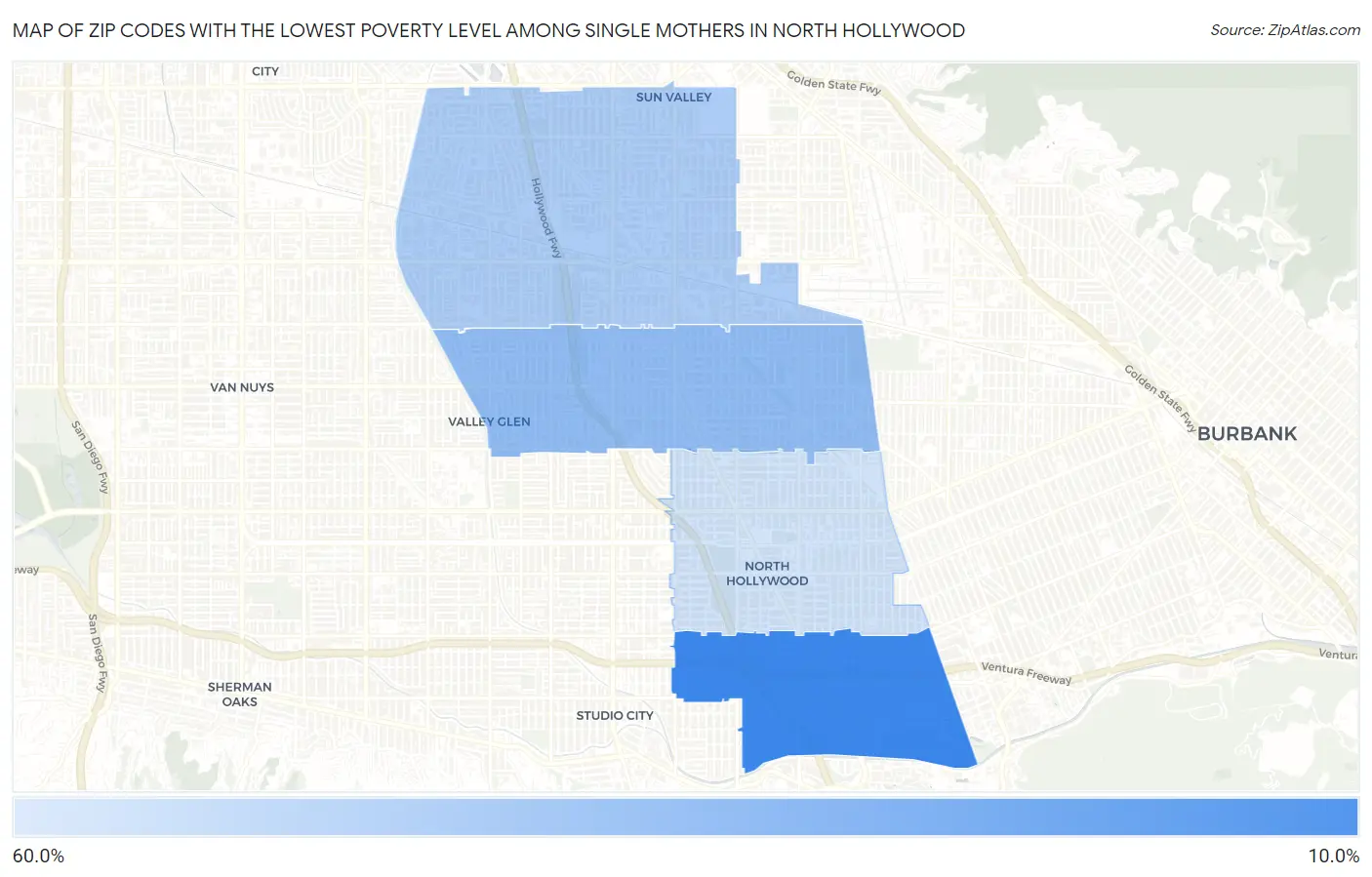 Zip Codes with the Lowest Poverty Level Among Single Mothers in North Hollywood Map