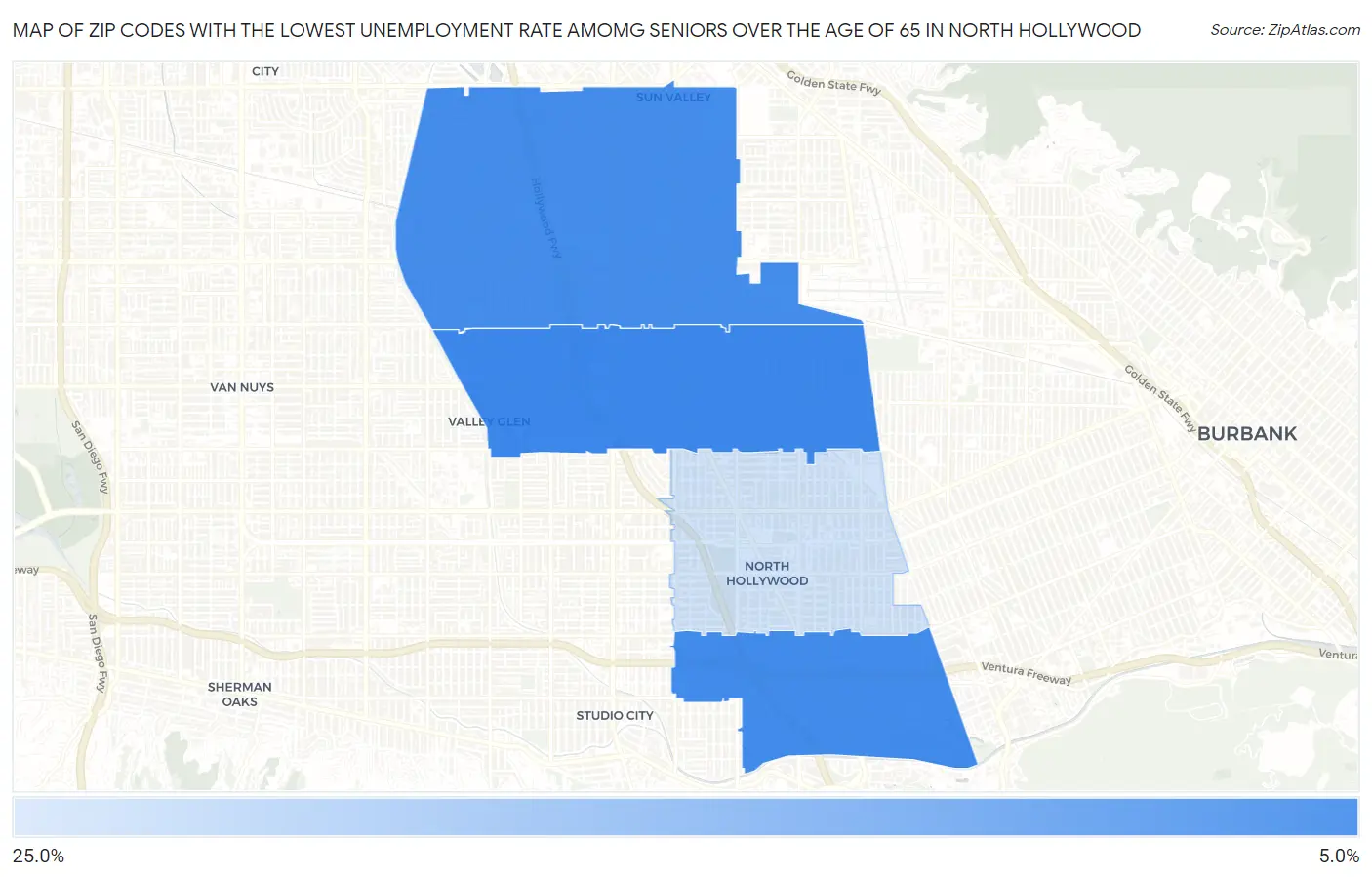 Zip Codes with the Lowest Unemployment Rate Amomg Seniors Over the Age of 65 in North Hollywood Map