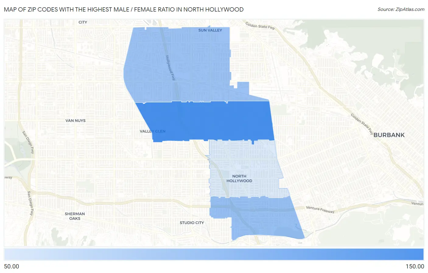 Zip Codes with the Highest Male / Female Ratio in North Hollywood Map