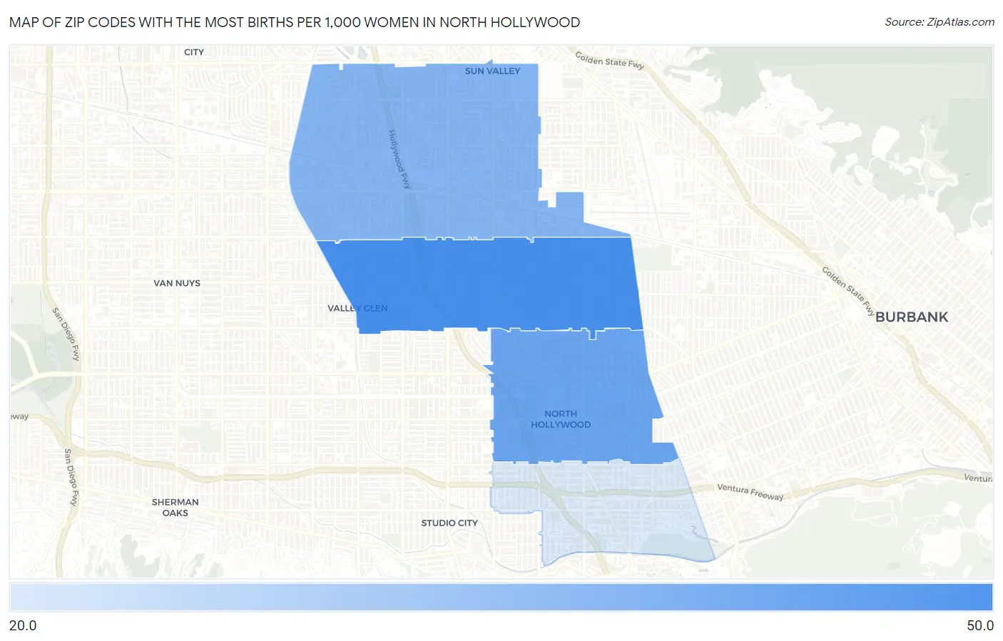 Zip Codes with the Most Births per 1,000 Women in North Hollywood Map