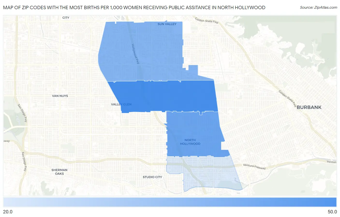 Zip Codes with the Most Births per 1,000 Women Receiving Public Assitance in North Hollywood Map