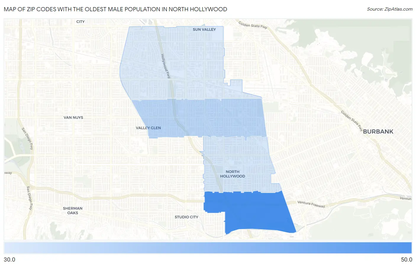 Zip Codes with the Oldest Male Population in North Hollywood Map