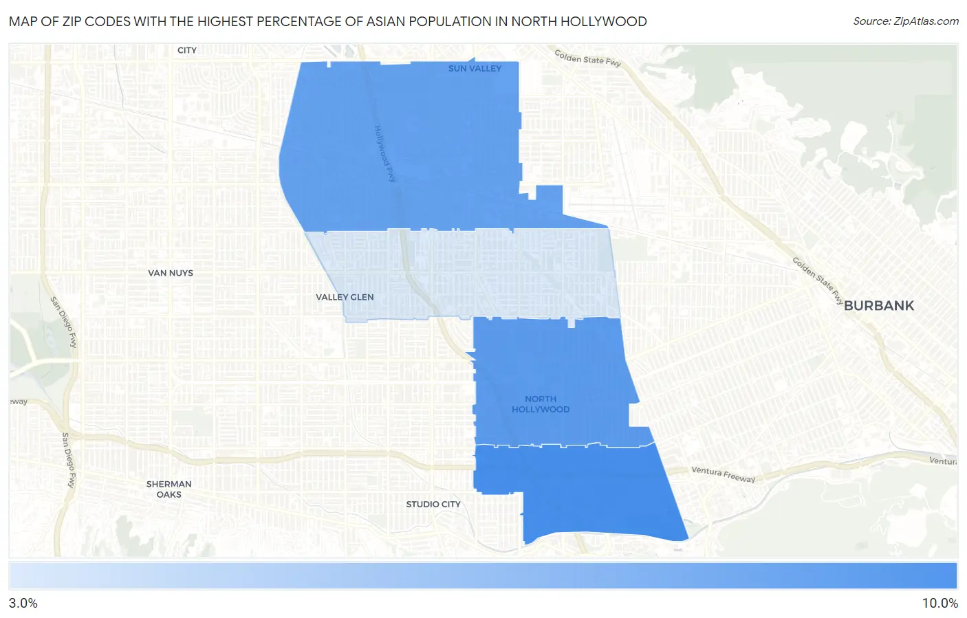 Zip Codes with the Highest Percentage of Asian Population in North Hollywood Map