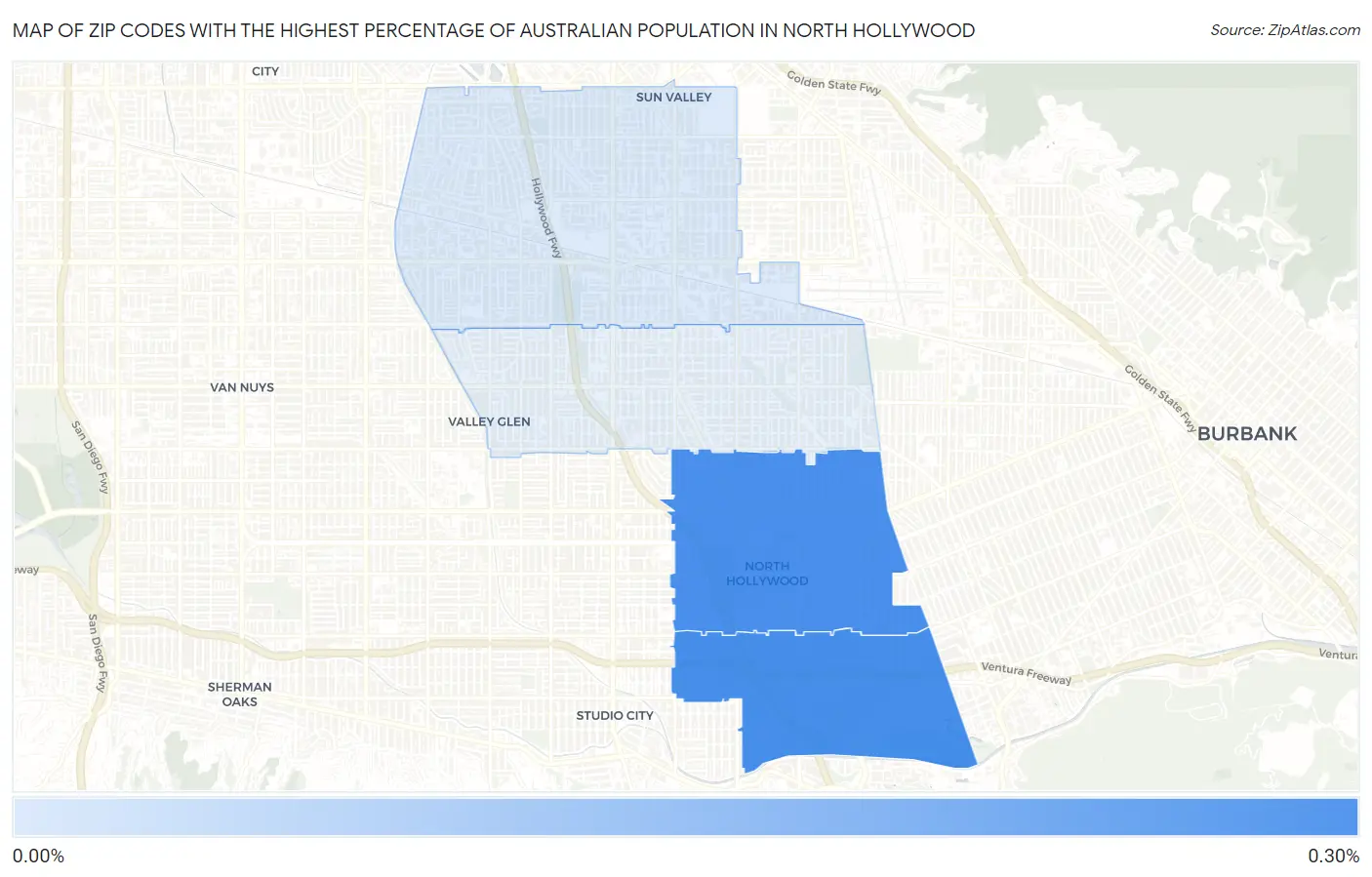 Zip Codes with the Highest Percentage of Australian Population in North Hollywood Map