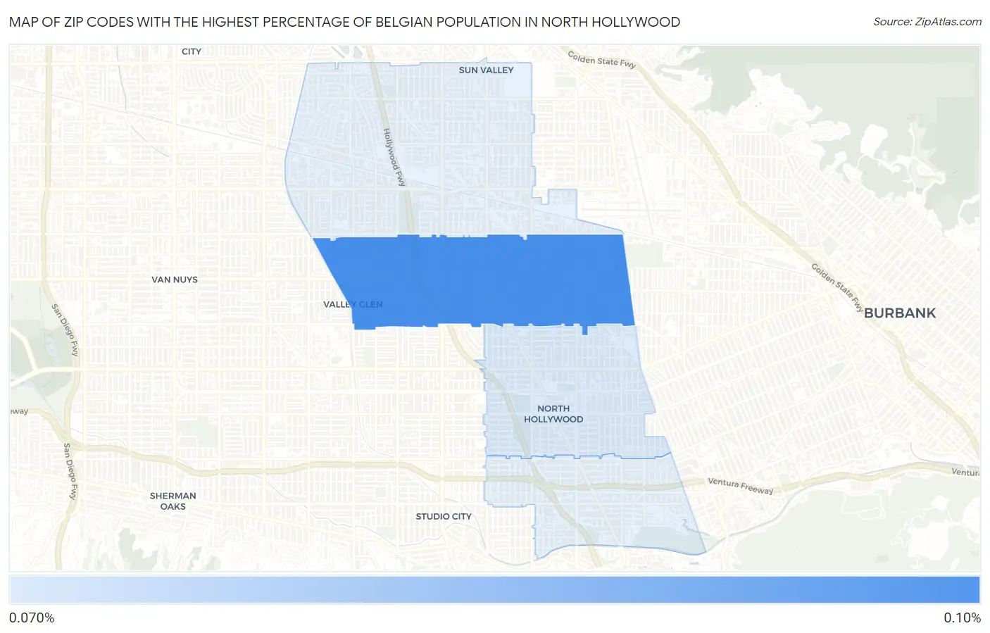 Zip Codes with the Highest Percentage of Belgian Population in North Hollywood Map
