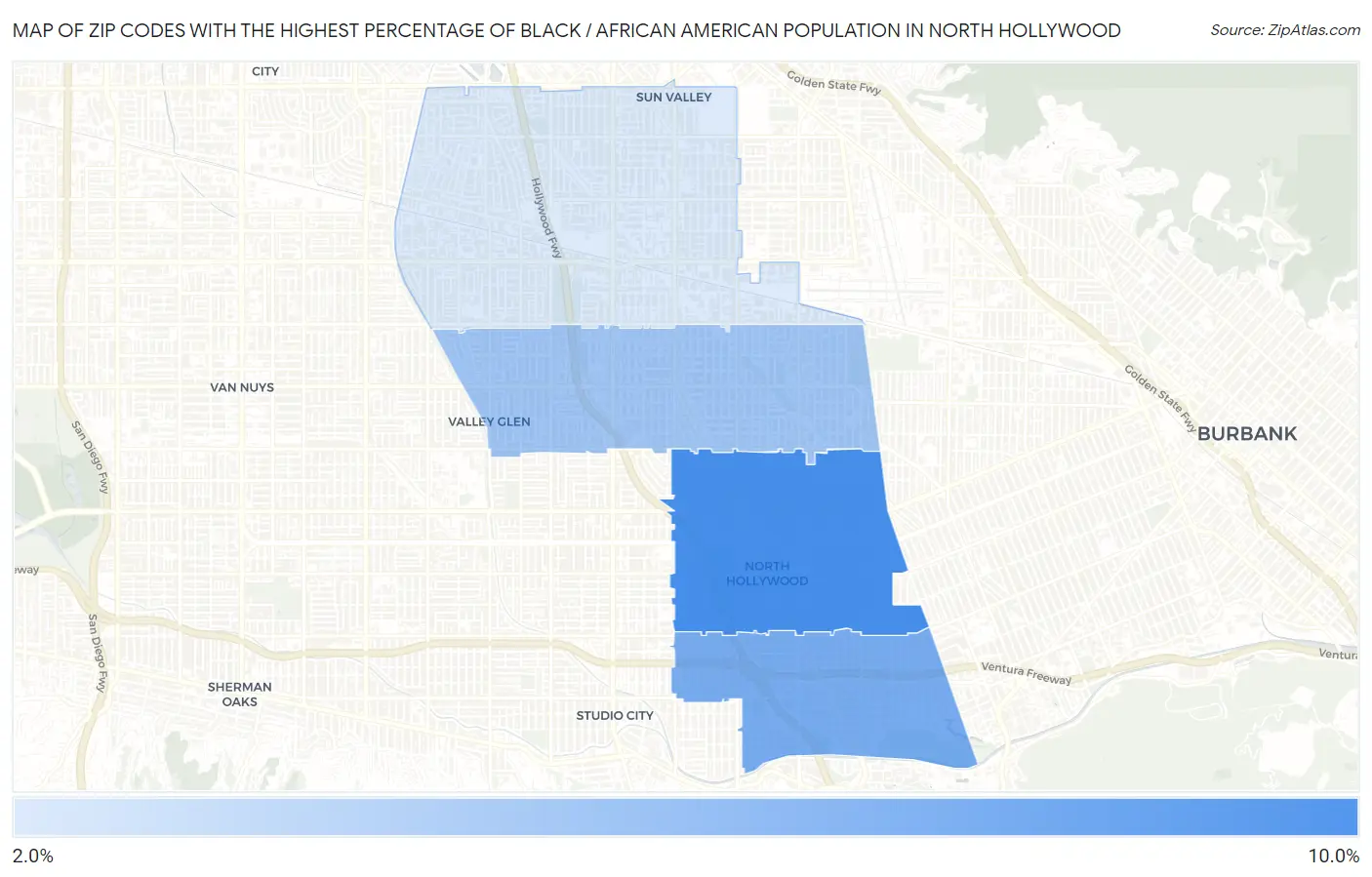 Zip Codes with the Highest Percentage of Black / African American Population in North Hollywood Map