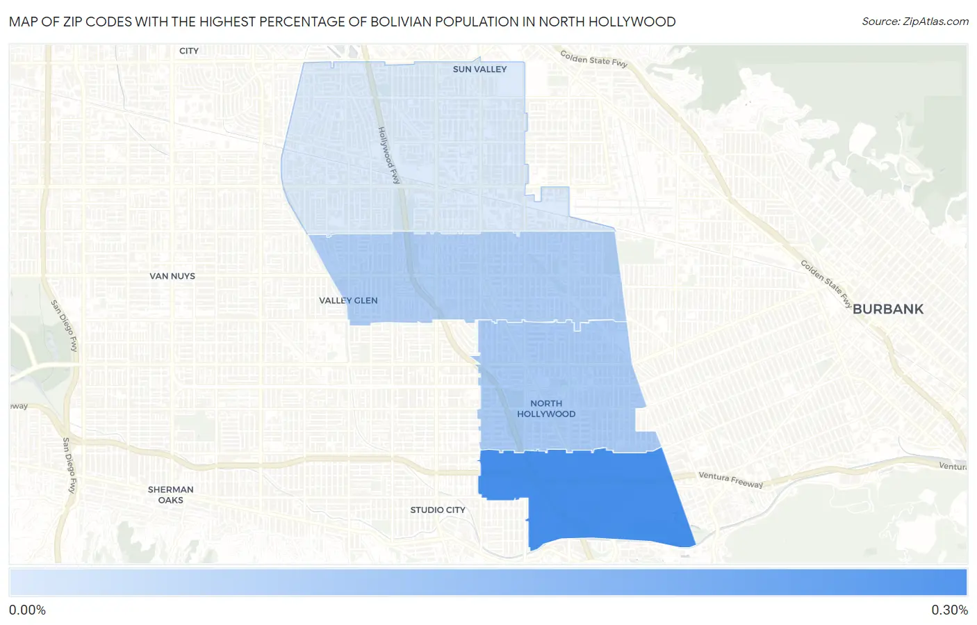 Zip Codes with the Highest Percentage of Bolivian Population in North Hollywood Map