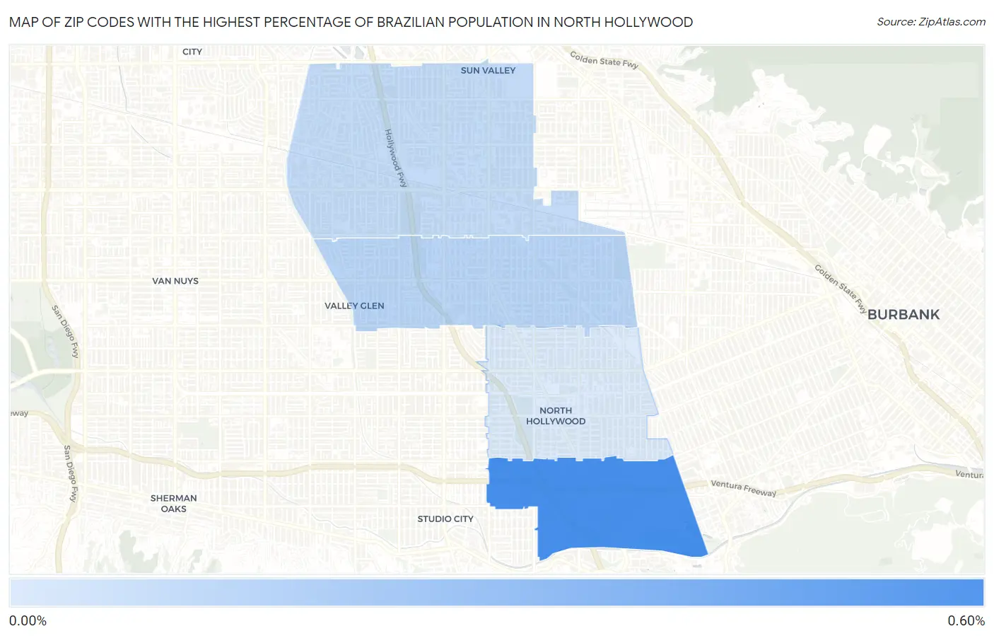 Zip Codes with the Highest Percentage of Brazilian Population in North Hollywood Map