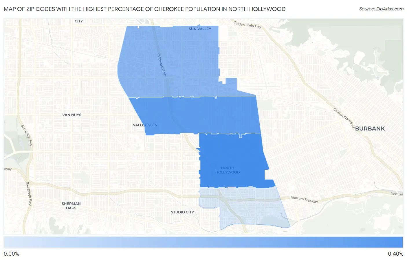 Zip Codes with the Highest Percentage of Cherokee Population in North Hollywood Map