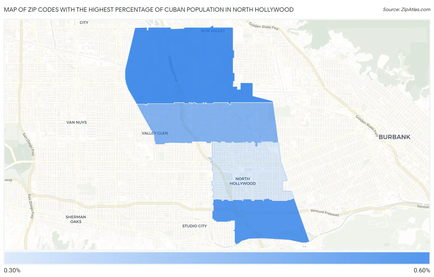 Zip Codes with the Highest Percentage of Cuban Population in North Hollywood Map