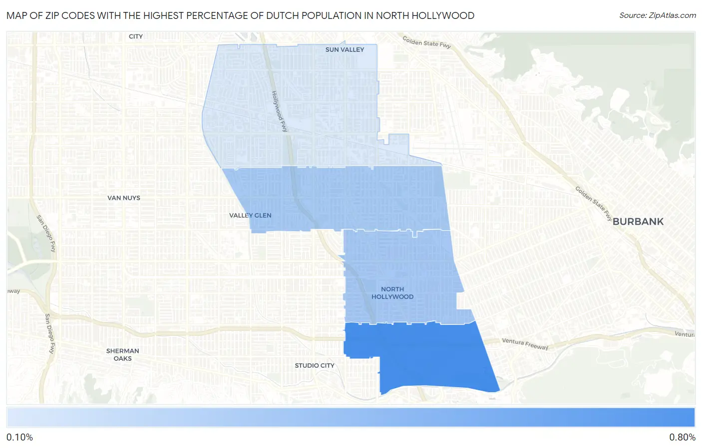 Zip Codes with the Highest Percentage of Dutch Population in North Hollywood Map