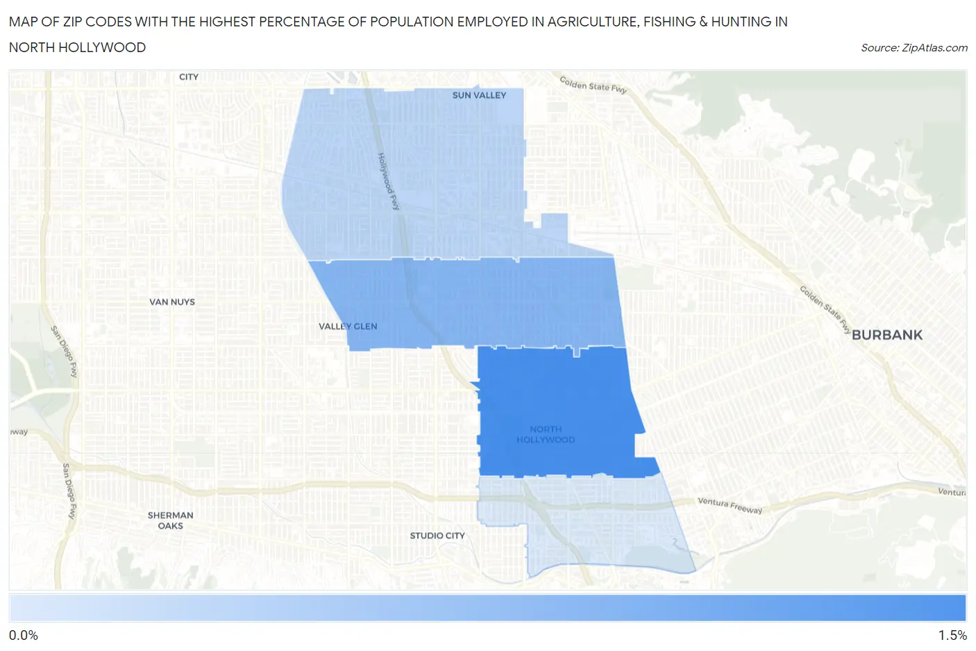 Zip Codes with the Highest Percentage of Population Employed in Agriculture, Fishing & Hunting in North Hollywood Map